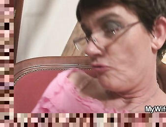 Cock-hungry motherinlaw sucks and rides big cock