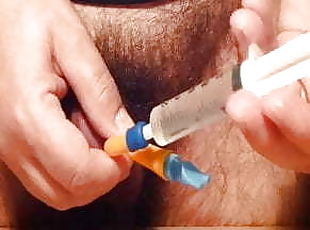 Massage cock with a (very big!!) CH24 Foley catheter and cum