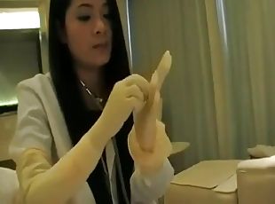 Asian nurse gives a handjob with two different pairs of gloves