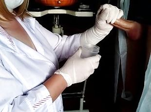 Caring female doctor taking a cum analysis on her knees