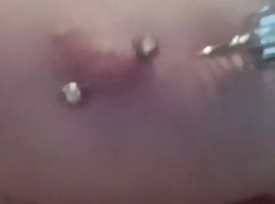 Pricking my pierced tits with kinky painful pinwheel all over my sensitive nipple piercings