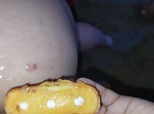 Latina wife eating a stranger's load off her ass with a twinkie