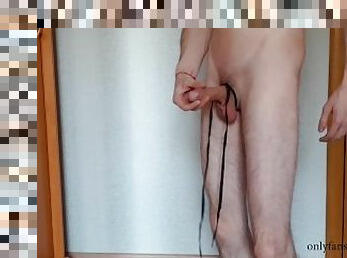 Russian country boy with hairy legs and big cock tries bondage and jerks off