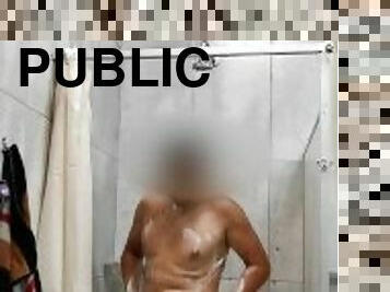 Male jerk off in gym shower. Public risky