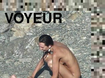 nudist, zunaj, camera, plaža, potovanje, naravno, skrite, poziranje