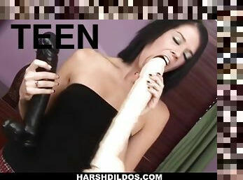 Goth chick plays with humongous dildo