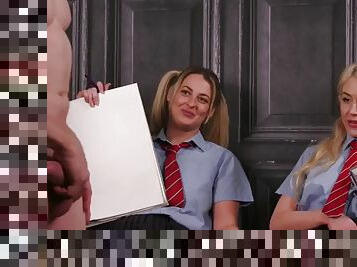 College voyeur girls in uniform lure a guy while they jerk off