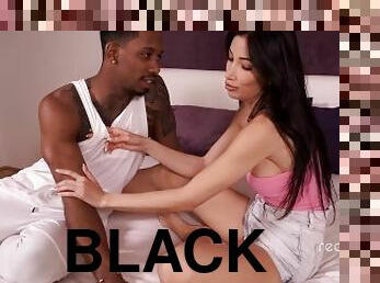 Muscular black guy fucks hard glamorous brunette Clea Gaultier and cum in her mouth