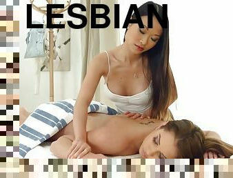 asiatisk, onani, lesbisk, massasje, brunette