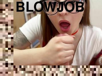 briller, skolejente, amatør, blowjob, deepthroat, par, svelging, cum, pikk, suging