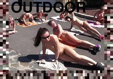 Naked outdoor yoga starring Nikki Sweet, Mia Melone and Alexis Cherry - Wendy moon