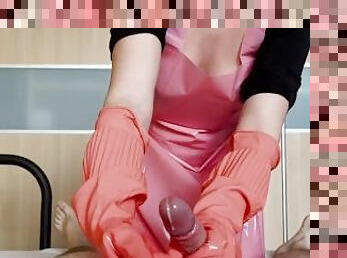Multiple orgasm handjob in pvc apron and long household gloves - teaser