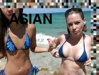 ázijské, pička, fajka, latinské, semeno, blondýna, bikini, hotovosť