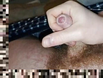 Jerking a pretty cock and making it cum a big stream (small uncut penis)