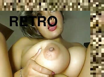 Retro hair cute babe with amazing huge knockers fisting