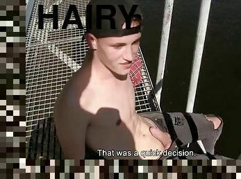 Hairy twink cums on interviewers chest while getting his