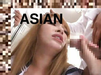 Enticing asian bimbo with long hair face fucking a cock till she gets a facial cumshot