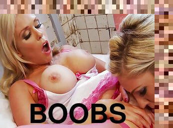 Two Blonde Babes With Big Boobs Satisfy Their Shaved Cunts In The Prison
