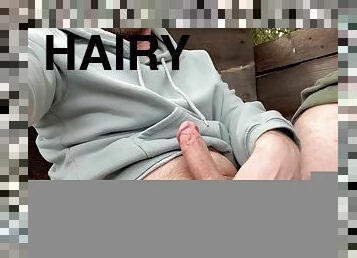 Masturbating on a hunting perch, precum and cum, hairy young man, outdoors
