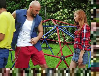 Bully fucks petite redhead in a park