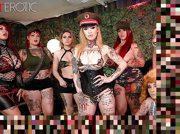 Wild eight girl orgy with busty tattooed hotties