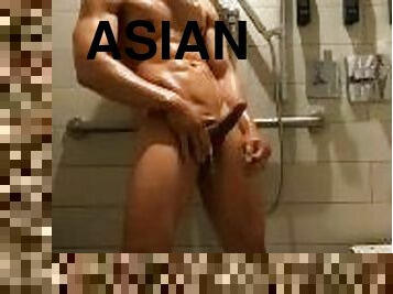 ázsiai, fürdőkádban, amatőr, buzi, zuhanyozás, szólóban, izmos