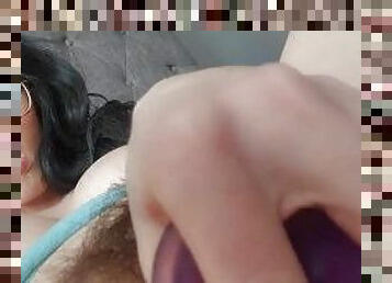 Milf with hairy pussy creams on dildo