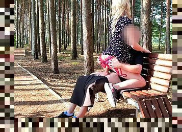 Hot blonde stays hard riding strangers cock even though she gets caught in an outdoor public park