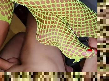 Cum on Anna Fires soles, he loves me in a fishnet bodysuit