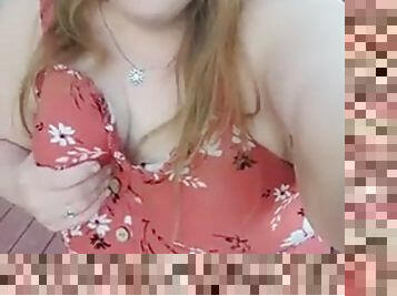 Beautiful chubby blonde bbw in dress flashes cute small boobs with big nipples and fat pussy in public outdoors nature trail