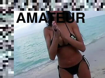 A Brazilian brunette in a bikini is picked up on the beach and fucked