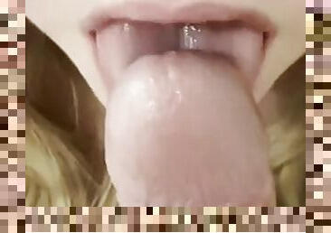 ASMR Close up: sensual blowjob and frenulum licking with cumshot