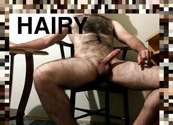 very hairy solo male cumshot sperm on table
