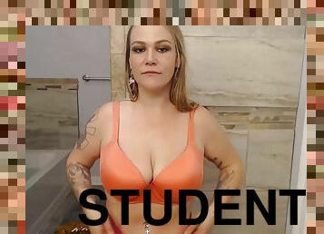 Tattooed nursing student with huge boobies who likes fucks a big toy