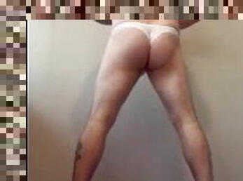 squats with daddy in a white thong