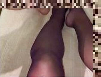 cumshot on stockings legs