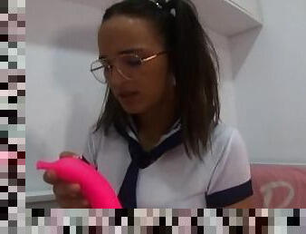 Student COSPLAY with glasses pigtails and dildo