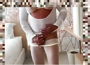 Amateur crossdresser Kellycd2022 sexy milf on vacation in white seamless pantyhose