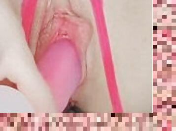 Fucking myself with my pink dildo close up