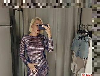 Try on transparent clothes with huge tits in the dressing room. Look at me in the dressing room