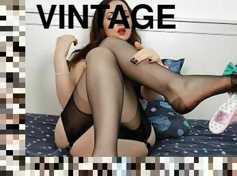 amatør, vintage, føtter, strømper-stockings, cum, undertøy, fetisj, footjob, nylon