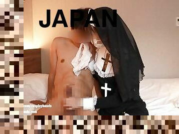 Japanese girl cosplayed as a nun gives a guy a panty job