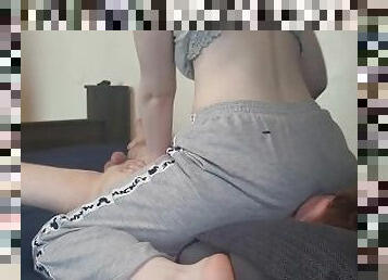 Facesitting and jerking him in grey sweatpants