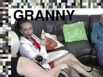 Granny gets oral in 3way and rides cock