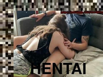 Ma copine française me suce pendant que je regarde un Hentai , elle avale, je la baise ensuite