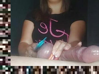 Squeezing Big Cock and Balls Handjob