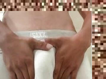 Teasing my hard cock before a shower in white boxer briefs