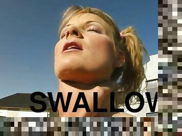 Slutty blonde swallows to big loads of cum in a threesome