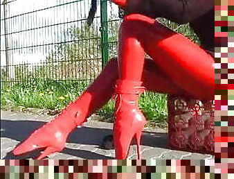 erotisch-mutti, strümpfe, europäische, euro, unterwäsche, latex, brunette, stiefel, domina, hoch-fuß