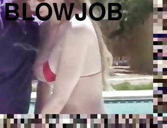 girl talked into handjob and blowjob to a guy in the pool